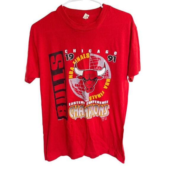 Vtg 90s NBA 1991 Chicago Bulls Eastern Champions T Shirt L Jordan Red Y2k - Picture 1 of 8